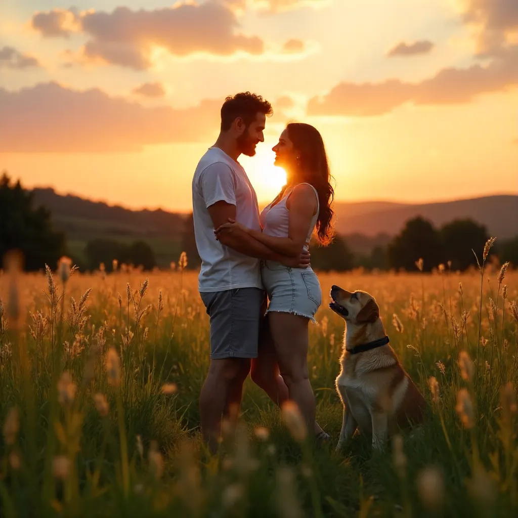 Sunset Embrace in a Grassy Field with Their Dog