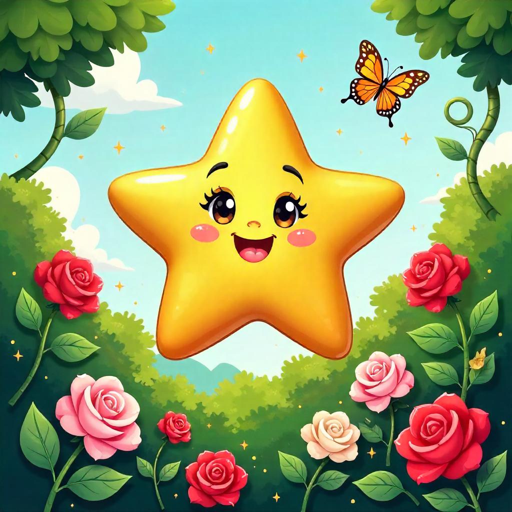 Twinkling Cartoon Star in a Rose Garden