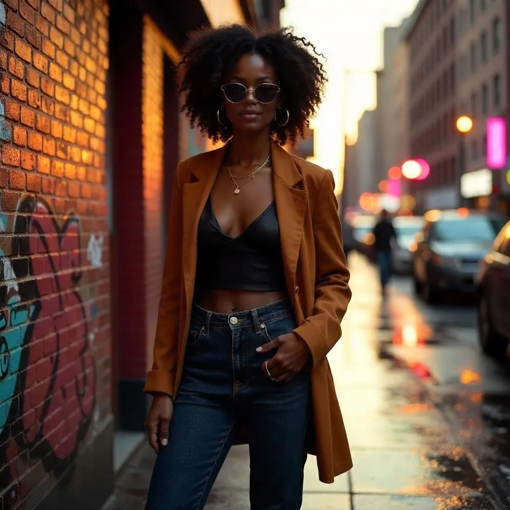 Urban Chic: Photorealistic Black Woman in Golden Hour