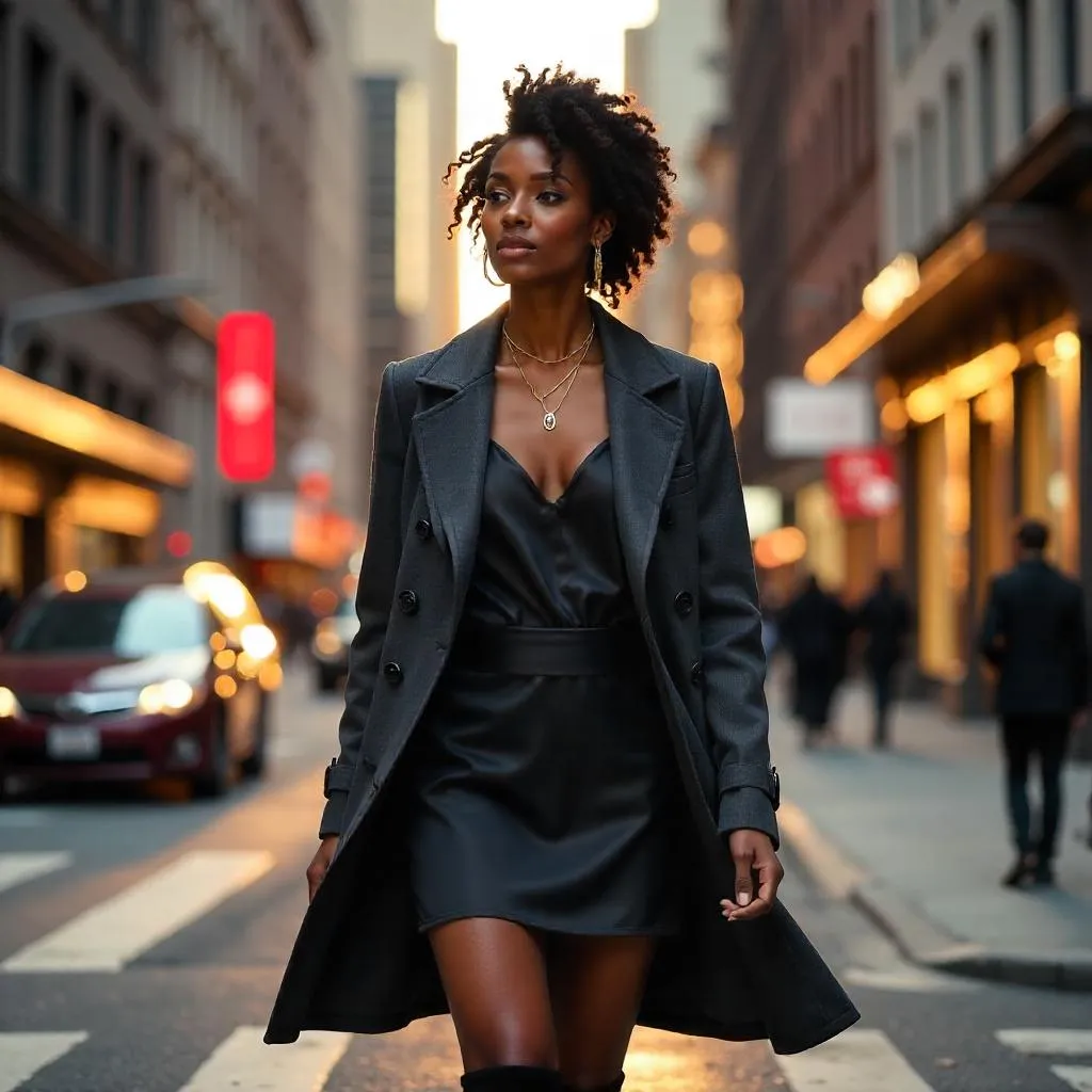 Elegant Black Woman in Downtown Cityscape, Photorealistic