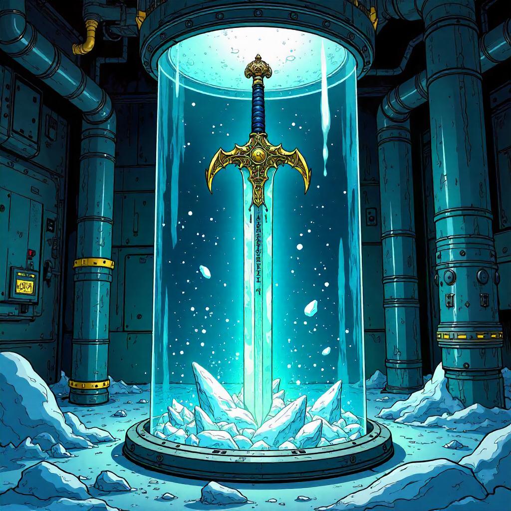 Cryogenic Enchanted Sword in a Comic Chamber