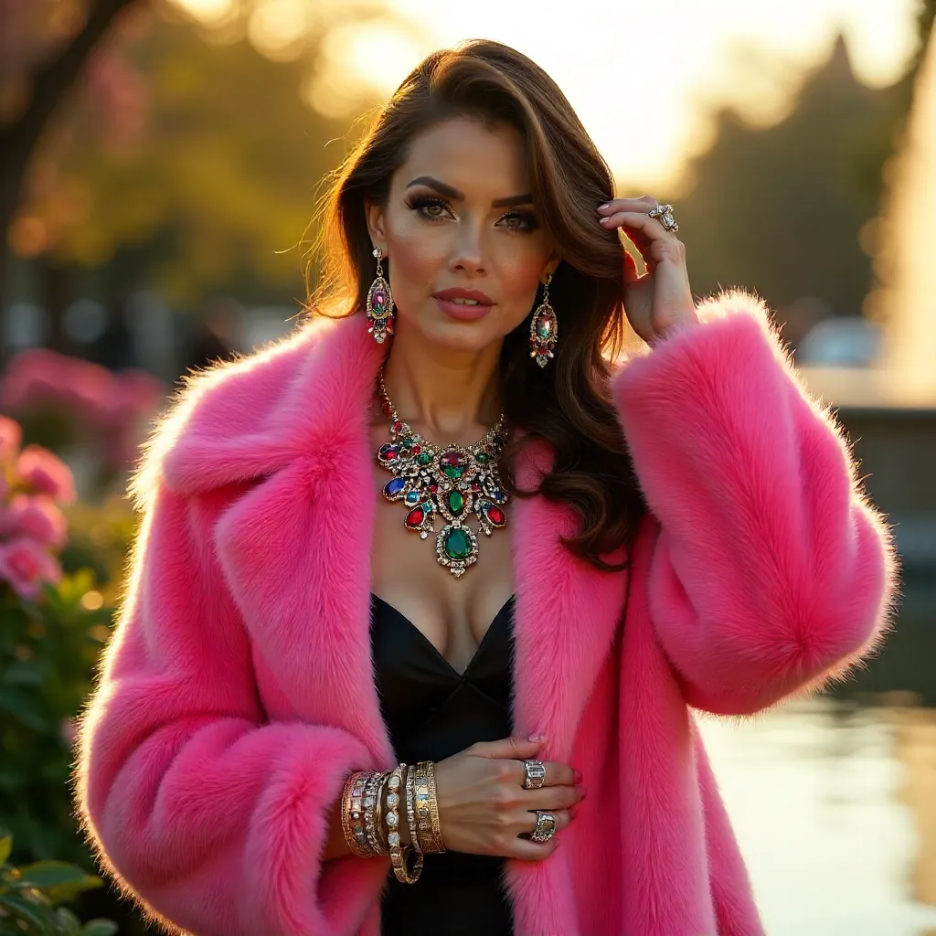 Glamorous Pink Fur Coat with Vibrant Jewelry Outdoors