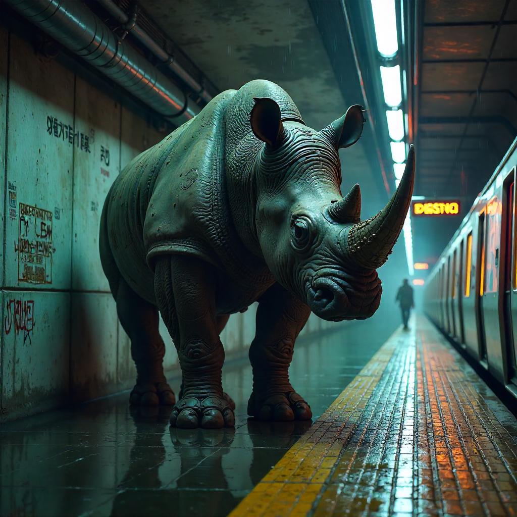 Rhino Concept Art in a Neon Subway Station