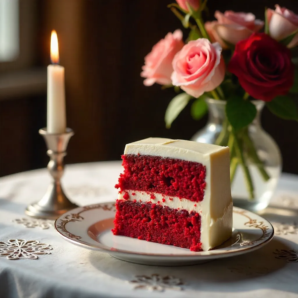 Slice of Red Velvet Cake with Rose Bouquet on Lace Table