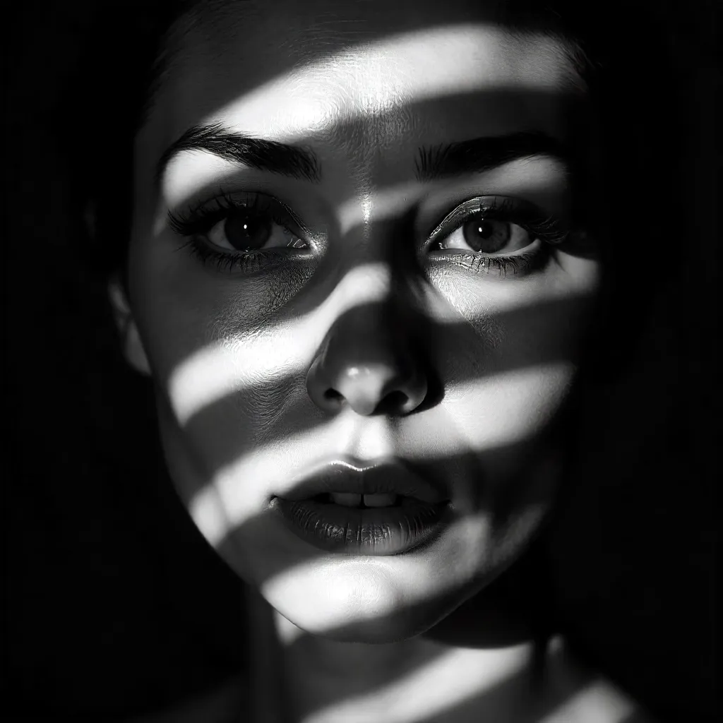Striped Shadows Noir: Black-and-White Portrait