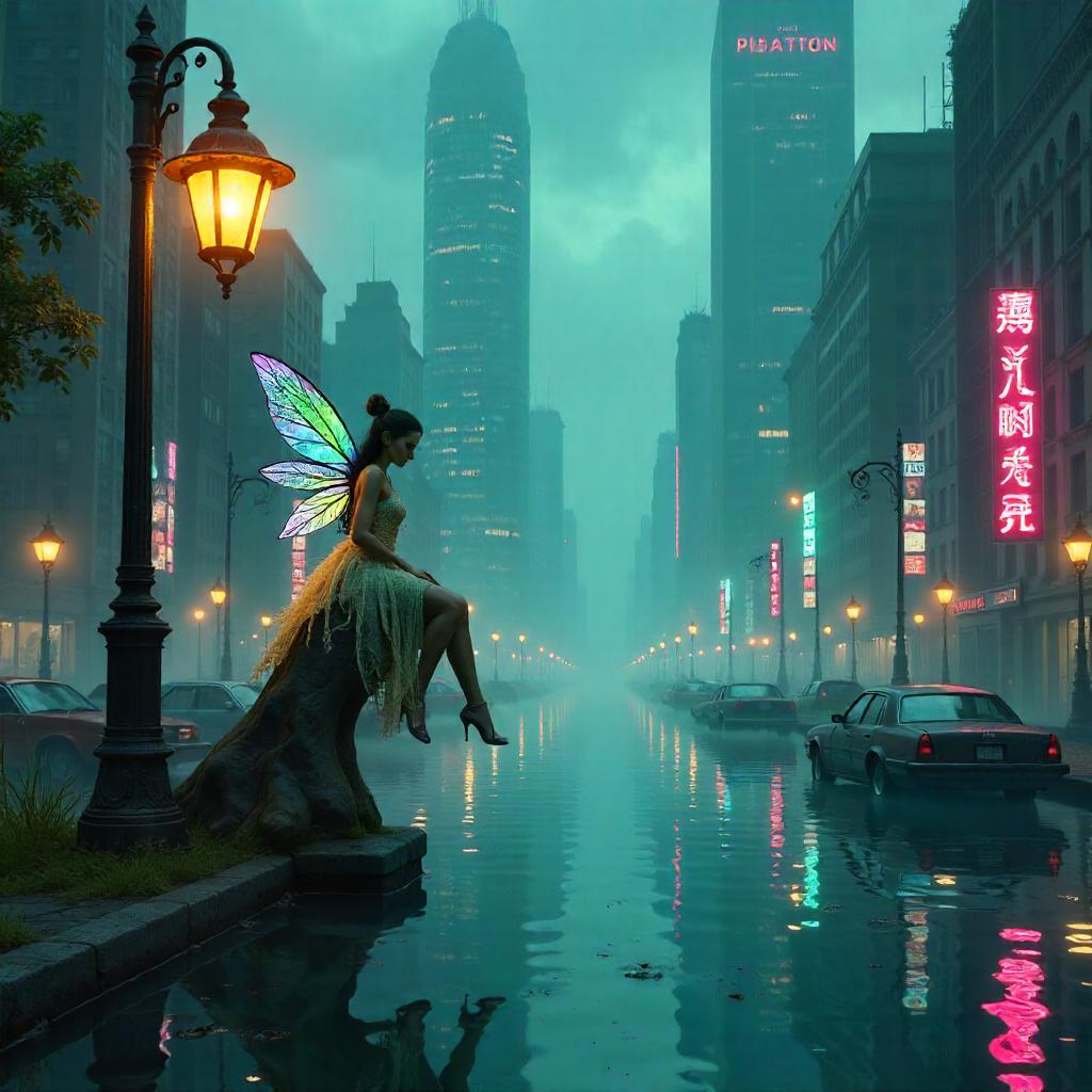 Bioluminescent Fairy in a Submerged City
