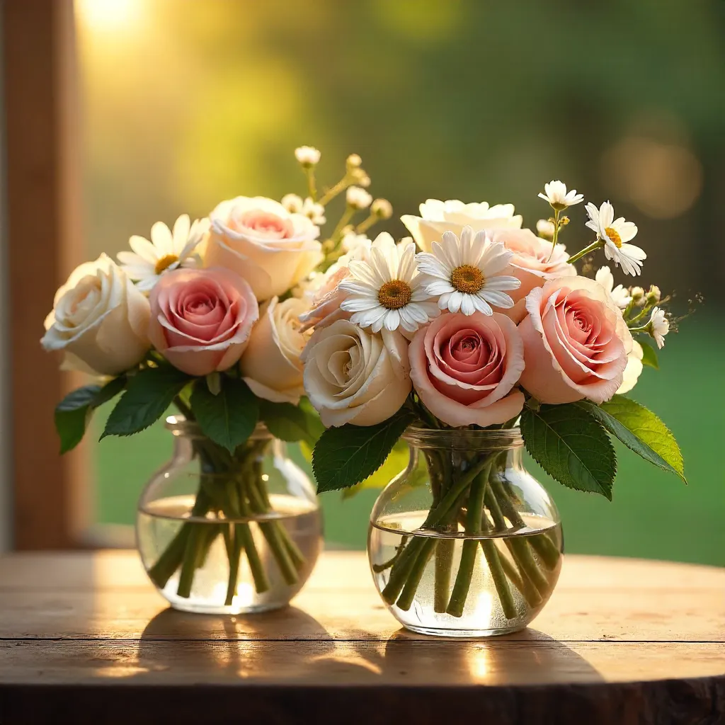 Elegant Roses and Daisies Bouquets in Golden Hour