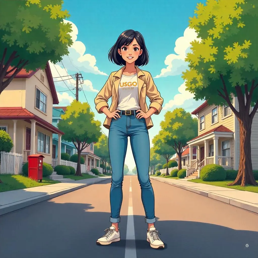 Confident Asian Woman in Anime Suburban Scene