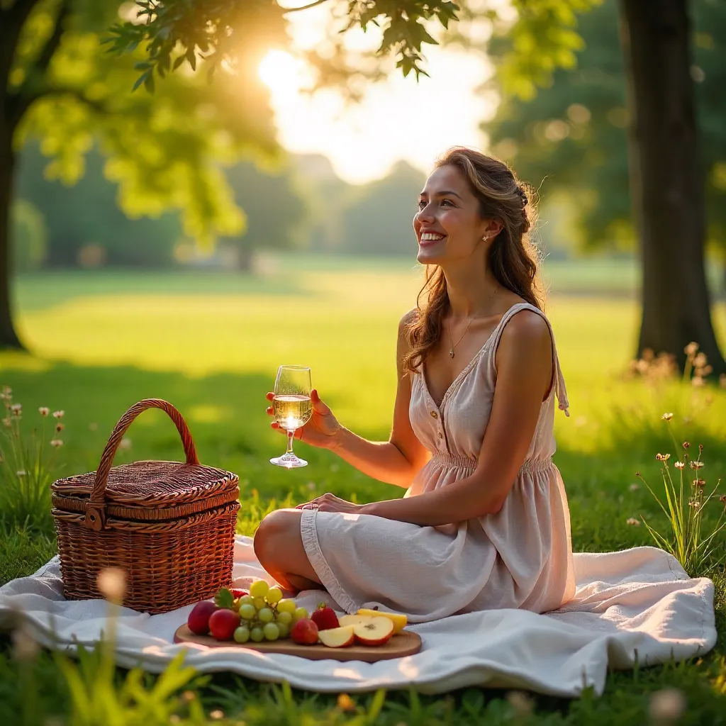 Sunlit Picnic: Woman With Wine and Fruit