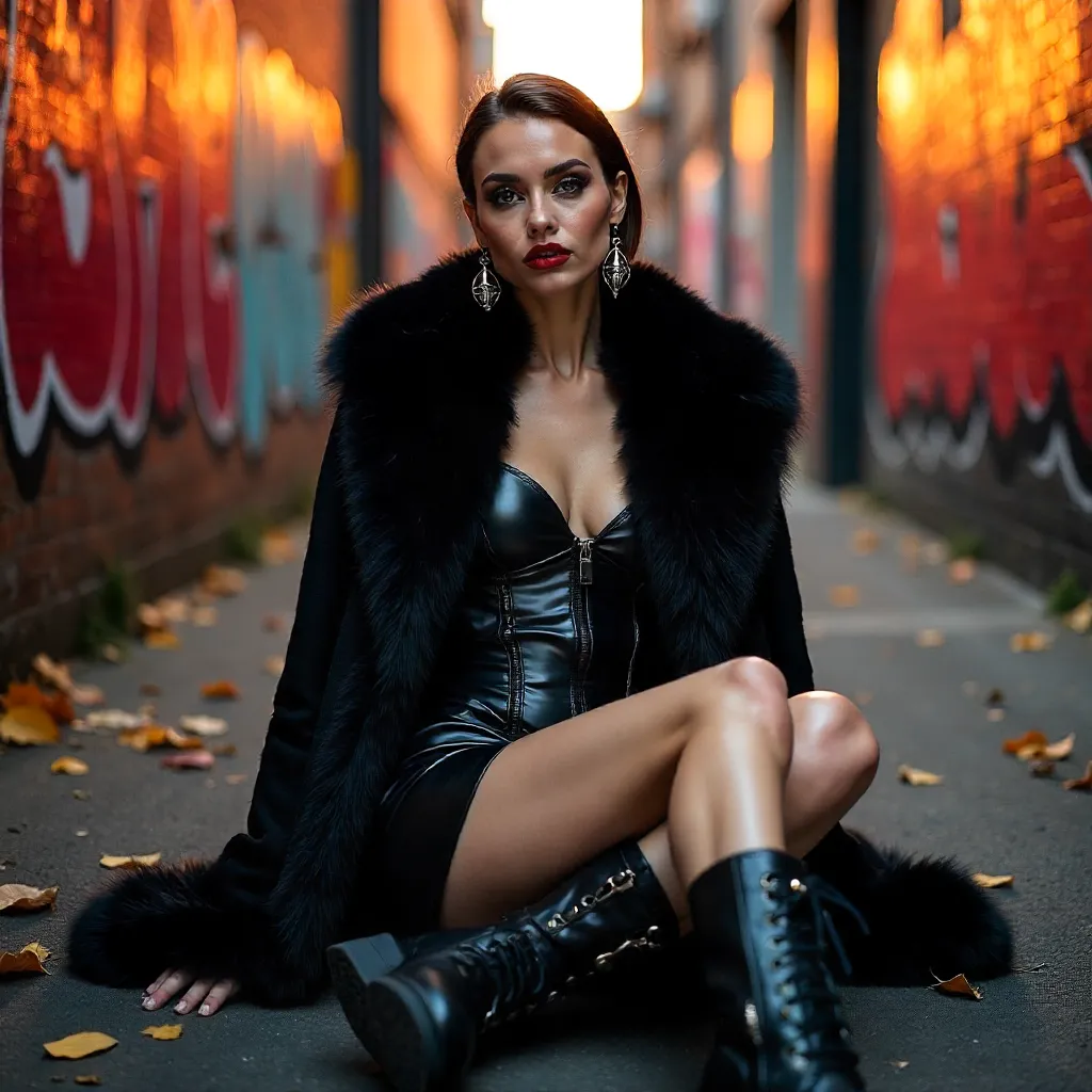 Edgy Outdoor Fashion: Black Fur Coat & Avant-Garde Attire