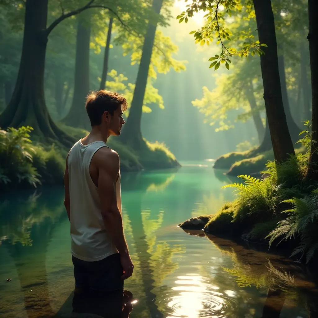 Sunlit Contemplation by a Forest Pond