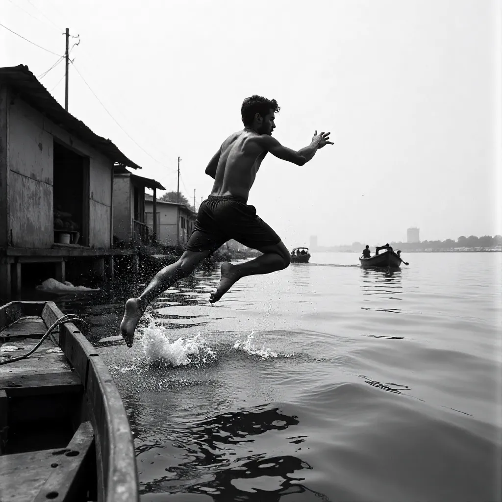 Mid‑Air Leap into Dhaka River (Monochrome)