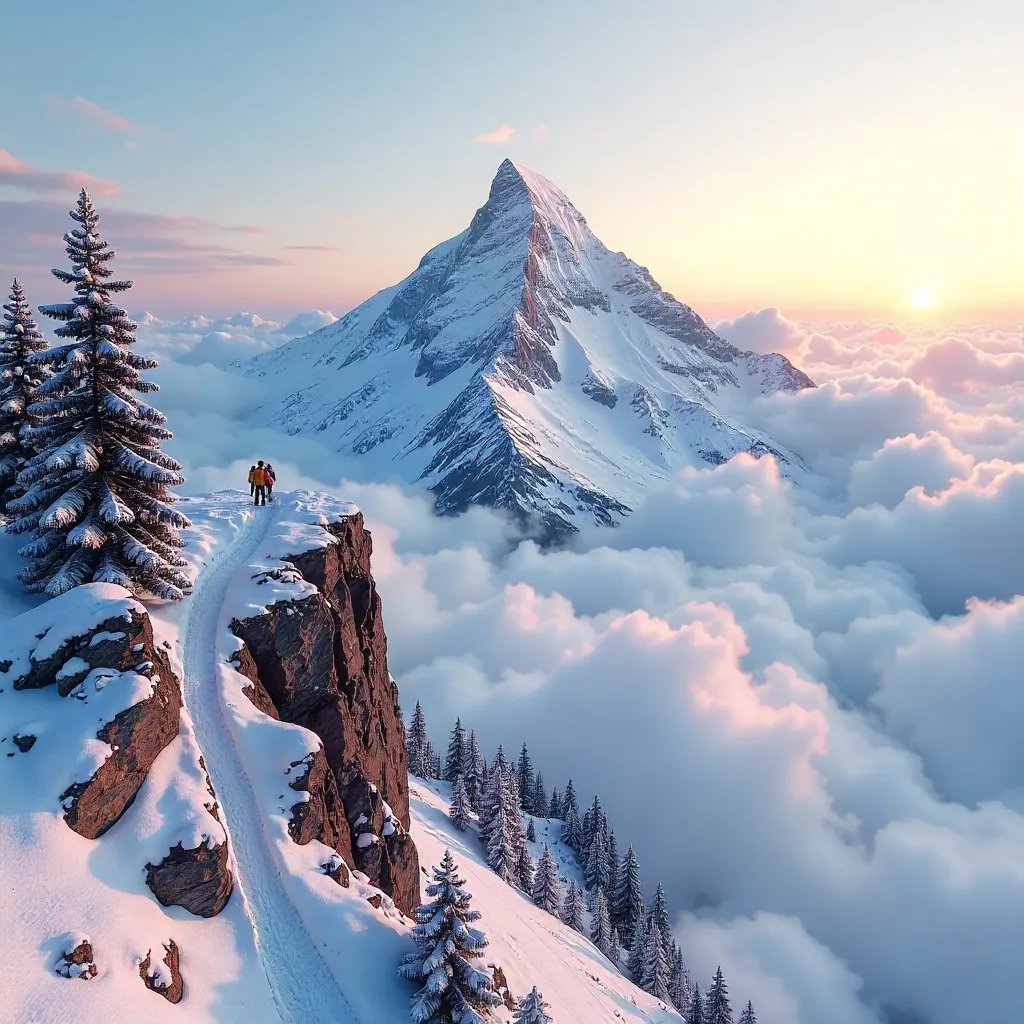 Snowy Mountain Dawn: Clouds, Hikers, and Vast Vistas
