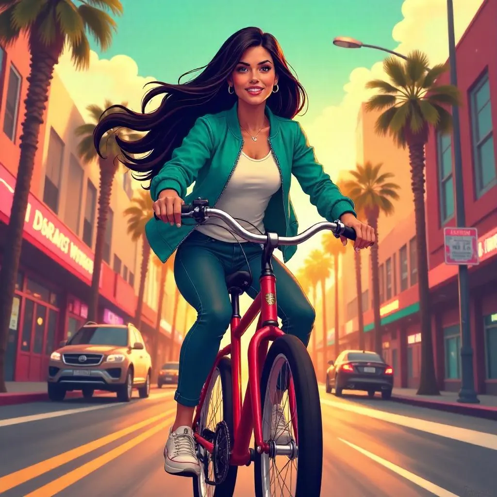 Confident Latina Rider on a Bicycle – Anime Style