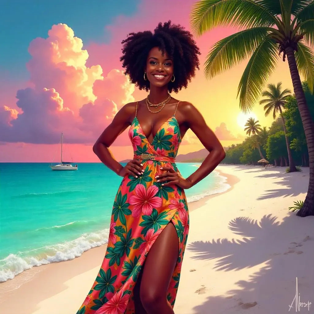 Confident Black Woman in a Tropical Paradise