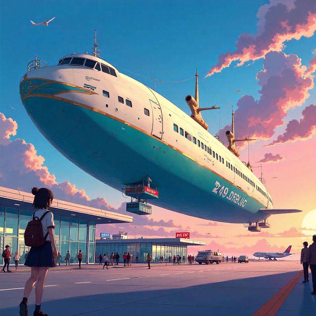 Anime Airship Docked at a Futuristic Airport