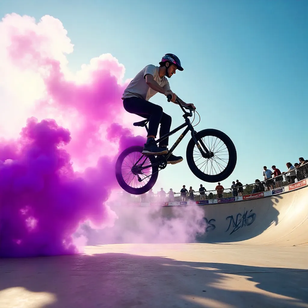 Vibrant BMX Rider with Purple Smoke at the Skatepark