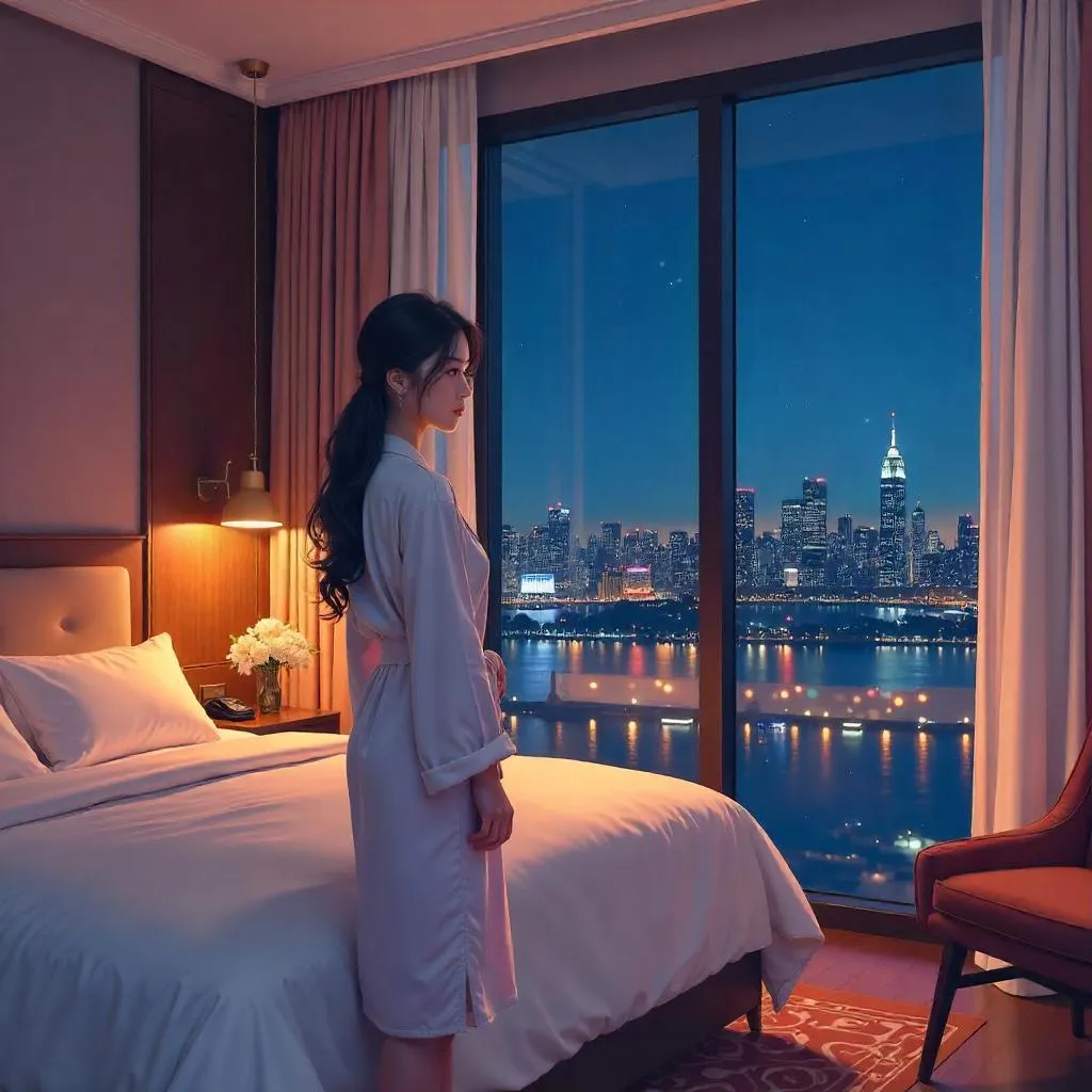 Graceful Adult East Asian Woman in a Luxury Hotel Room, Anime Style