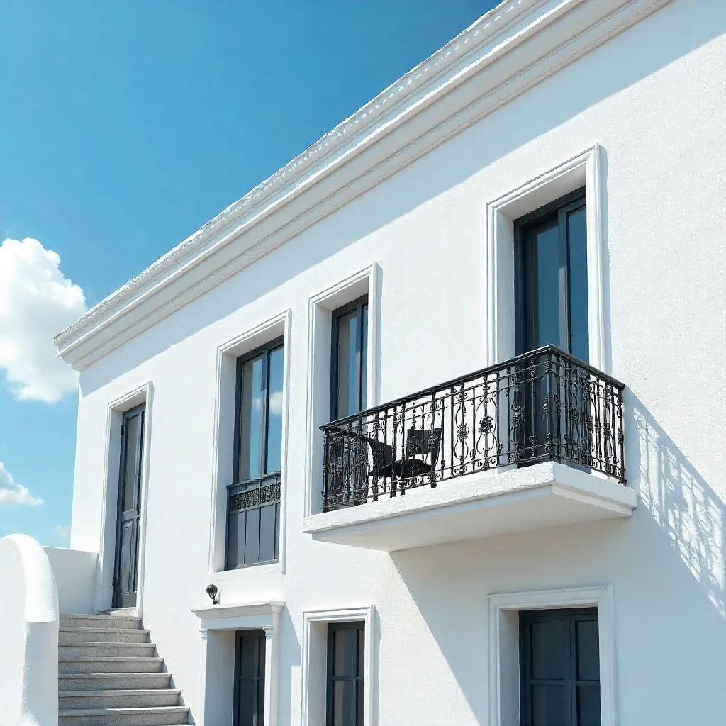 Elegant White Building with Balcony under Blue Sky