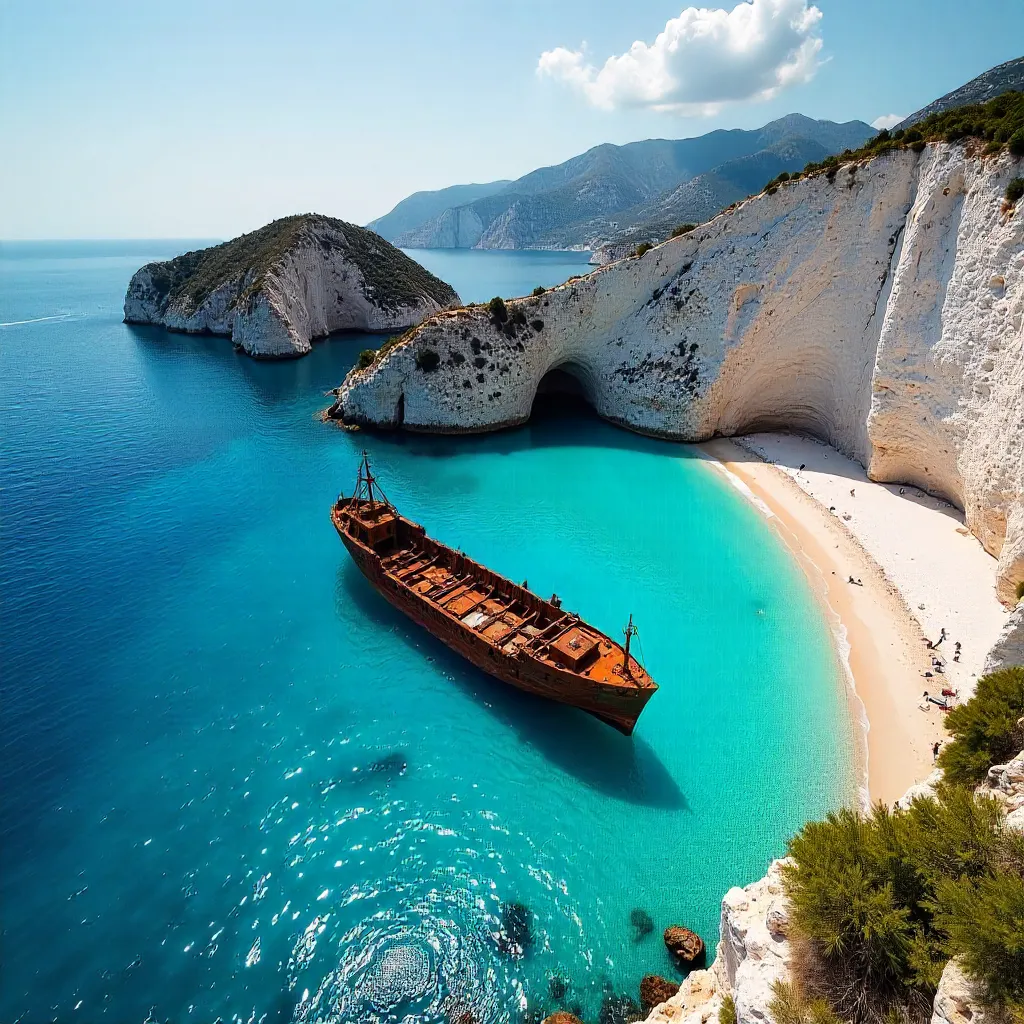 Aerial Wonder: Navagio Shipwrecks Over Turquoise Waves