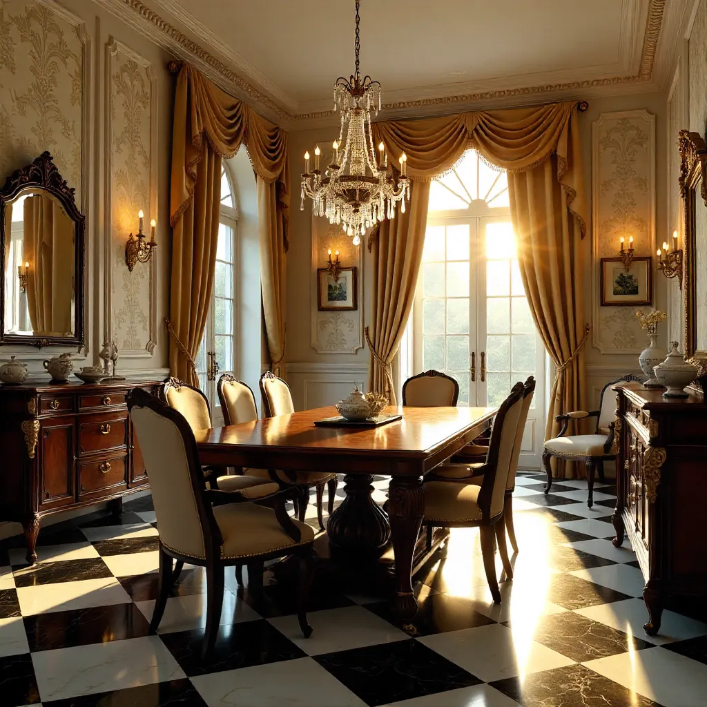 Elegant Vintage Dining Room with Chandelier and Checkered Floor