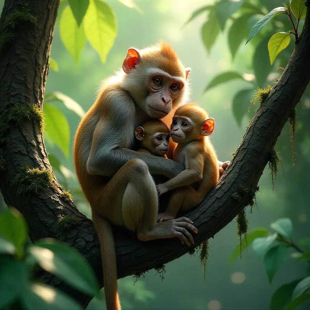 Tender moment among a macaque family in the rainforest