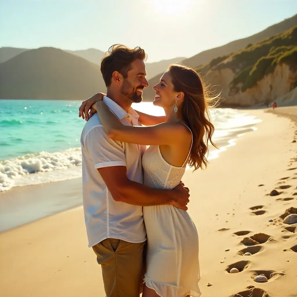 Joyful embrace on a sunlit beach with hills