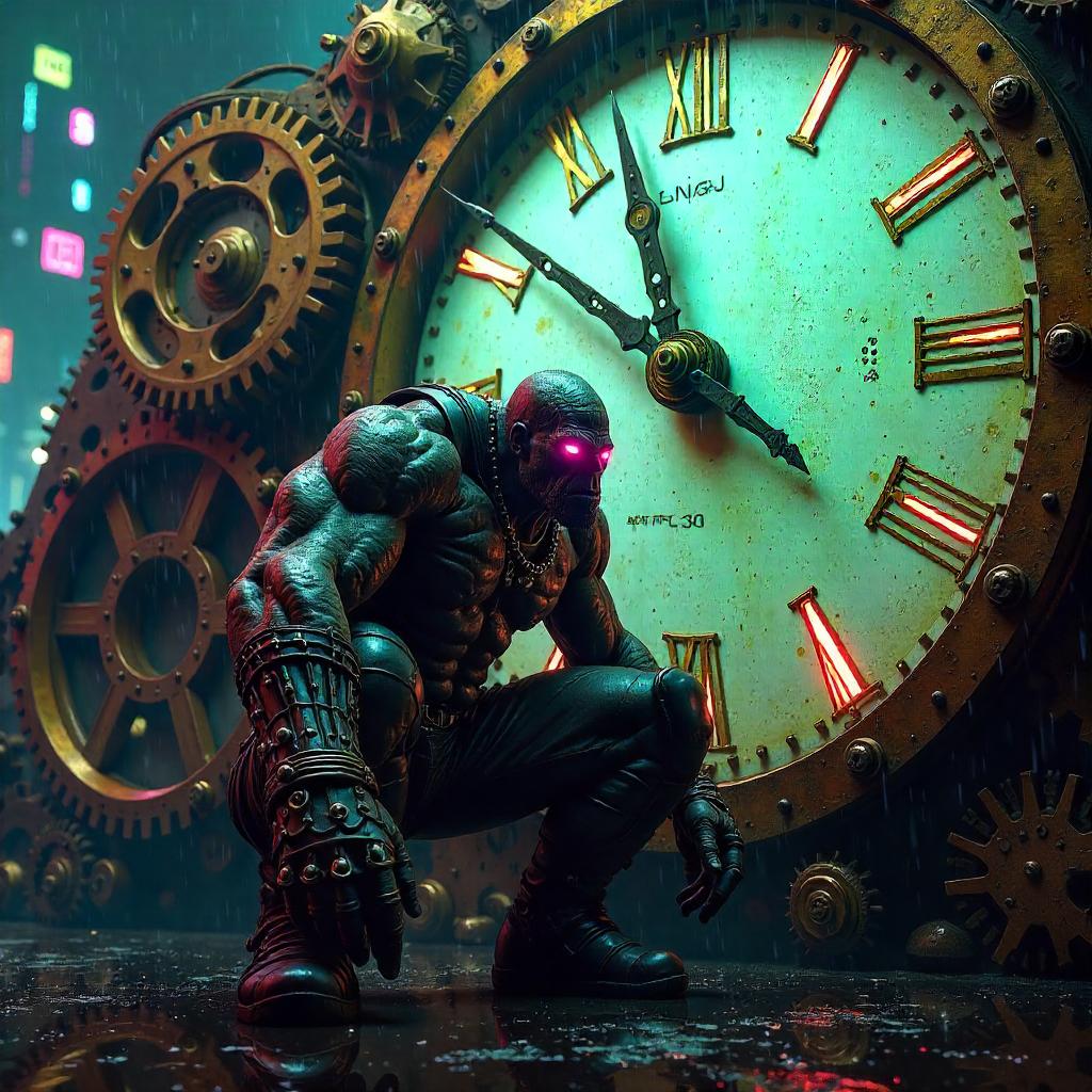 Orc in a Neon Clockwork Giant: Cyberpunk Dusk