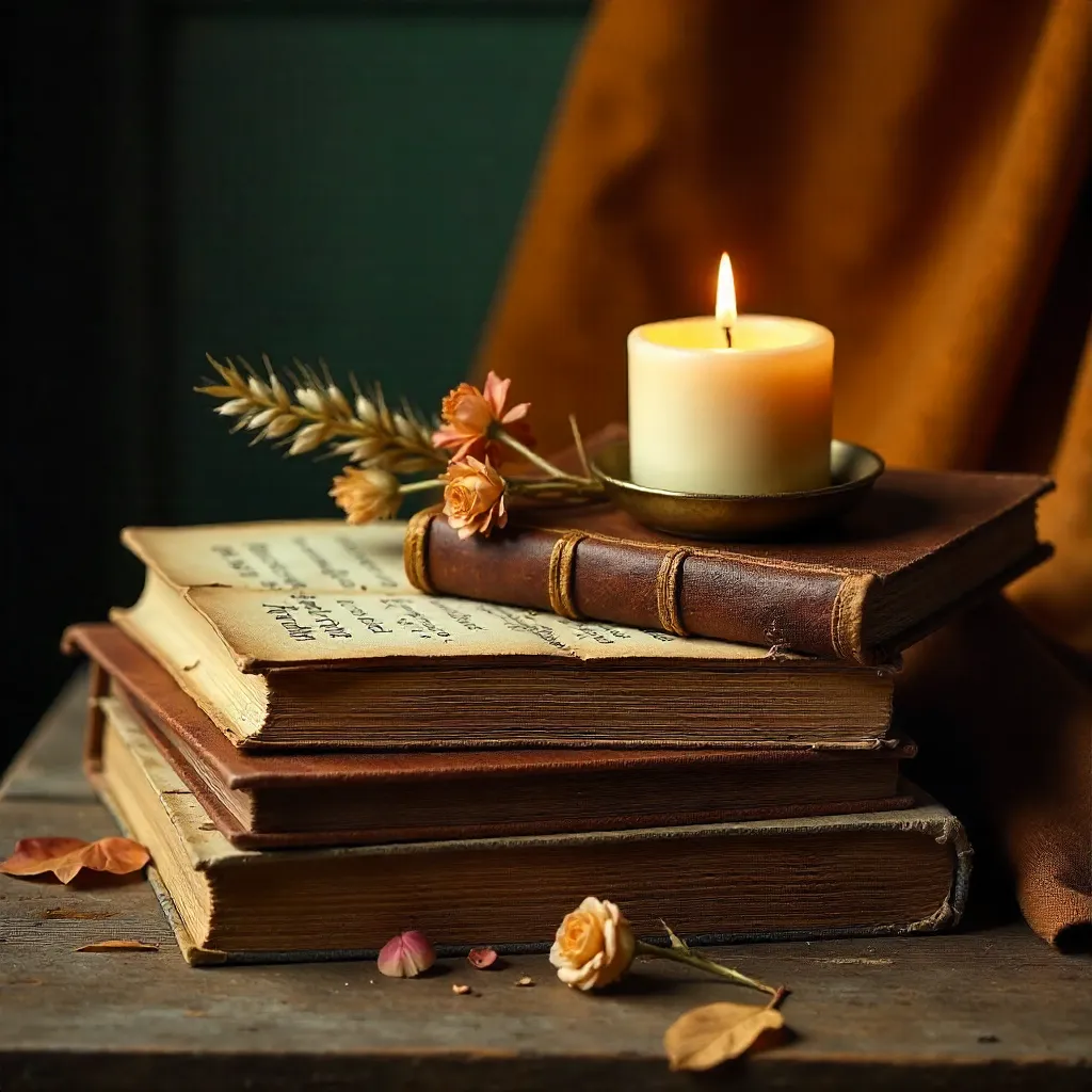 Autumn Still Life: Vintage Books and Candlelight