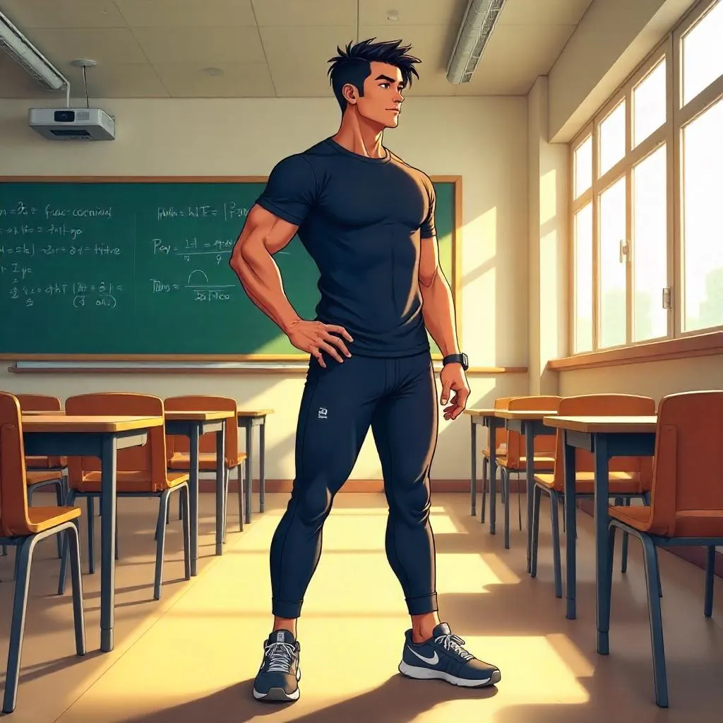Athletic Asian Man in an Anime Classroom