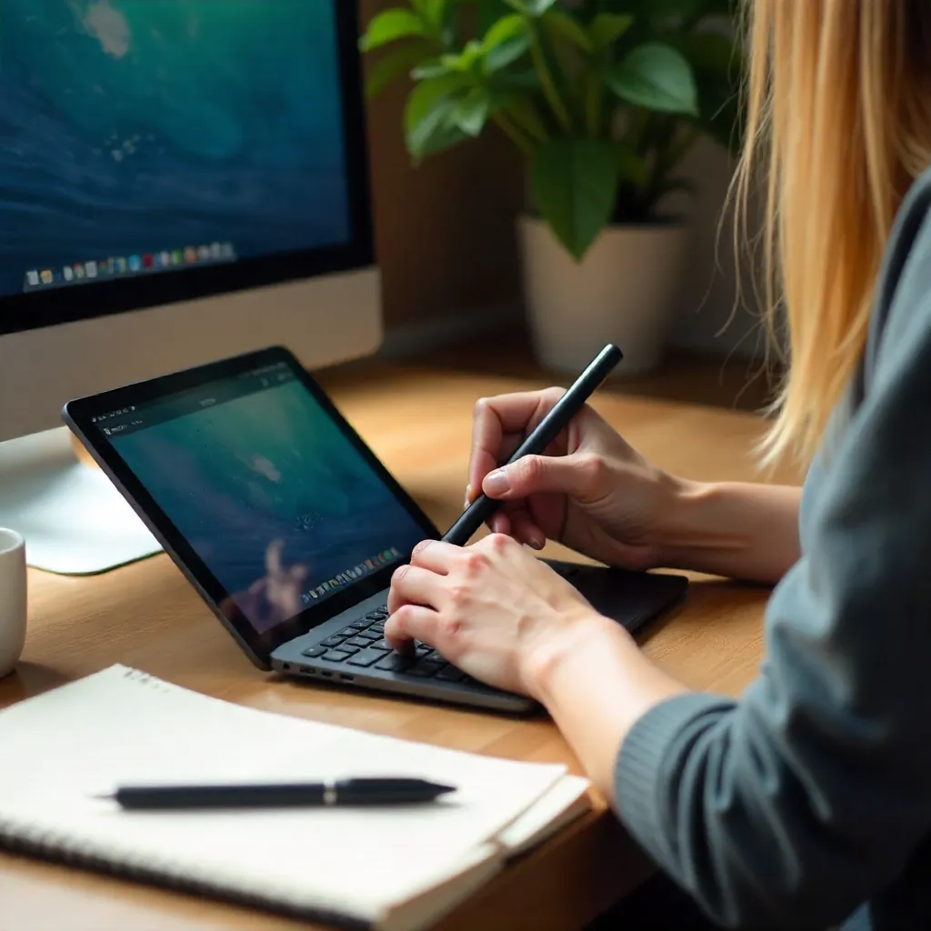 Anonymous Female Designer at Desk with Netbook and Tablet