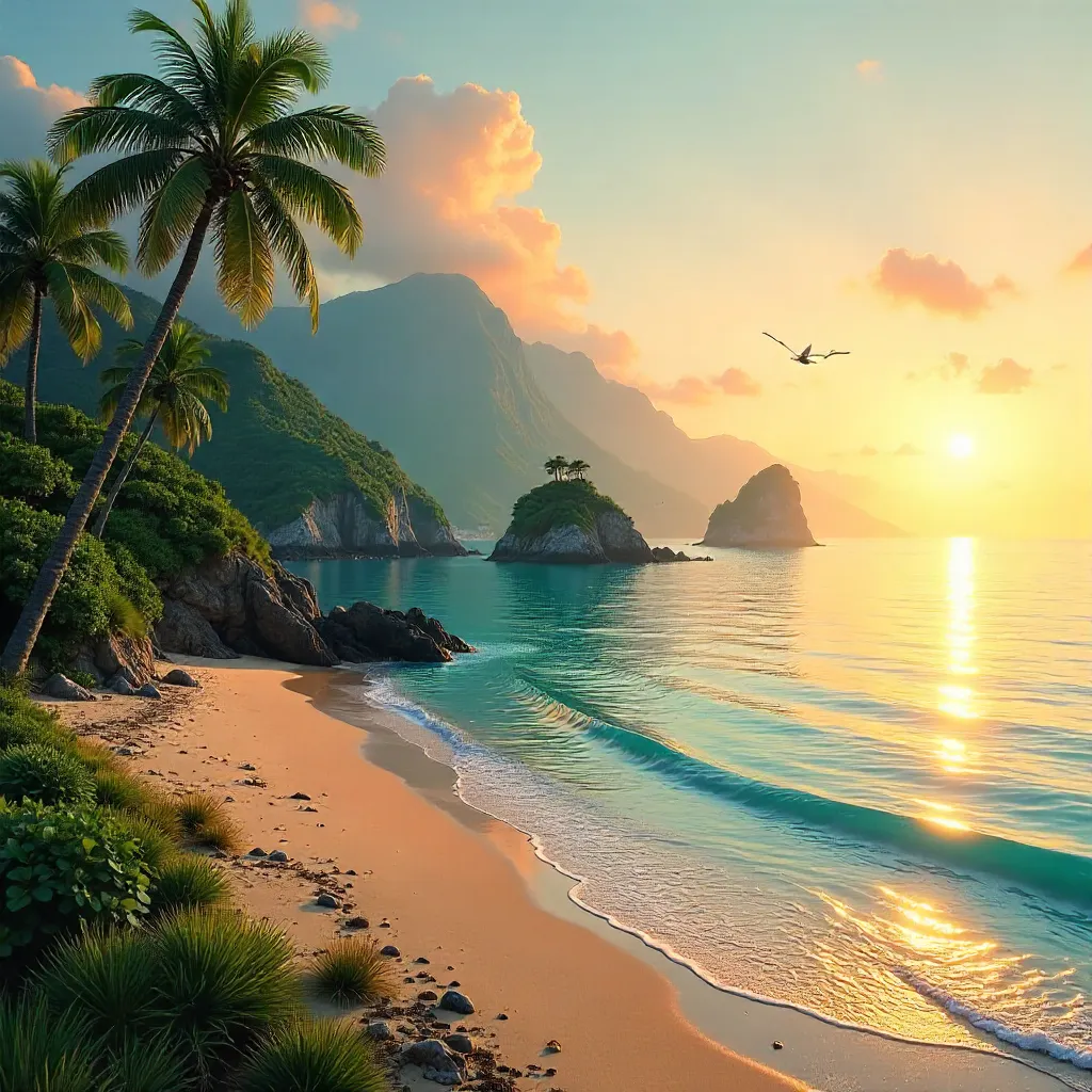 Tranquil Coastal Sunset: Lush Landscape with Calm Waters
