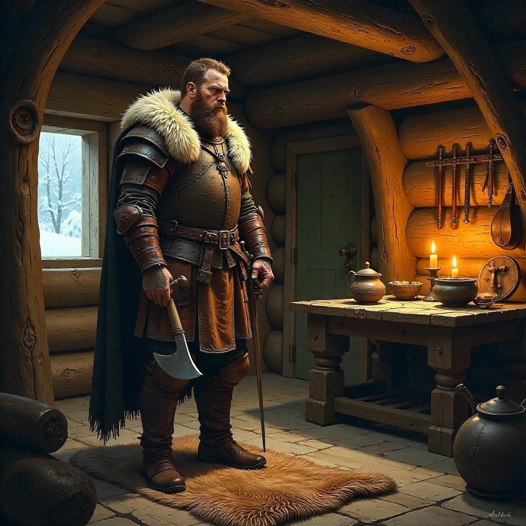 Warrior in a Log Cabin: An Oil Painting
