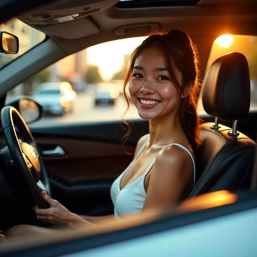 Cheerful Asian Woman in a Sunlit Car