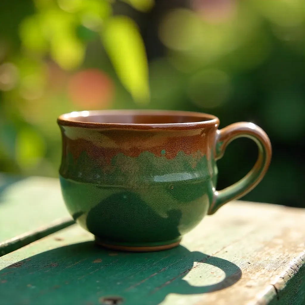 Close-Up Rustic Ceramic Cup on Green Table