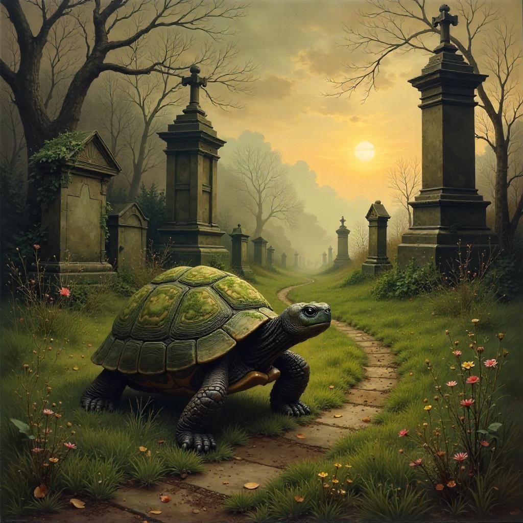 Solitary Turtle in an Overgrown Graveyard