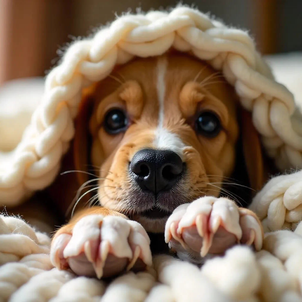 Cozy Peek: Dog Nose and Paw Under a Warm Blanket