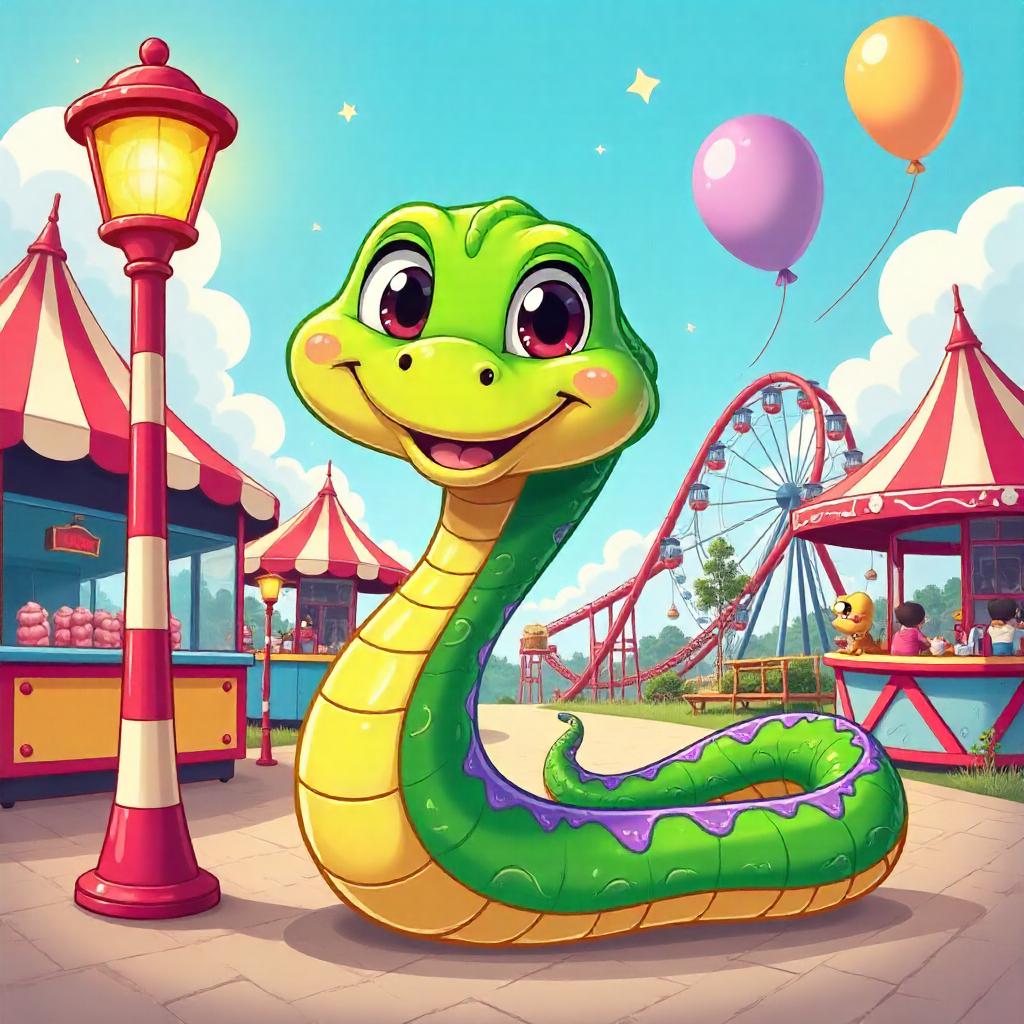Cheerful Cartoon Snake at the Amusement Park