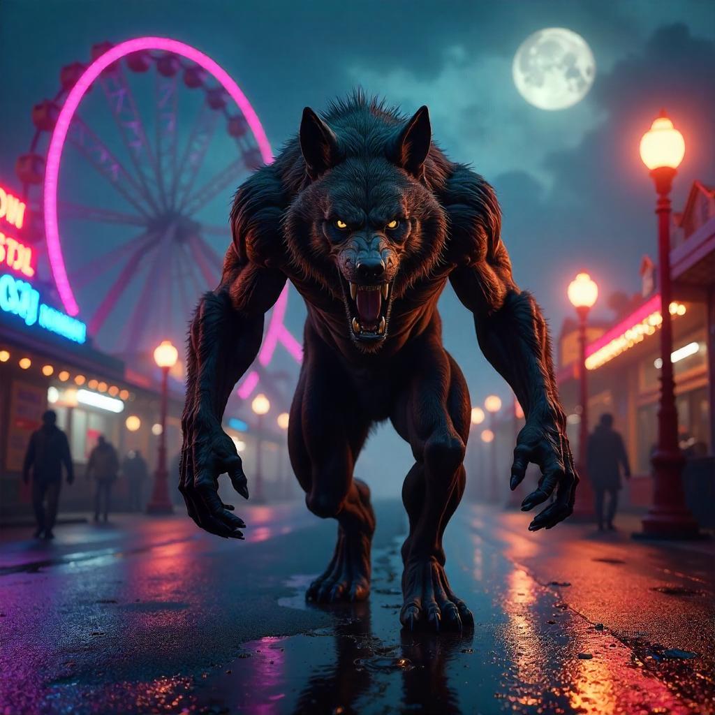 Midnight Howl in Neon Amusement Park