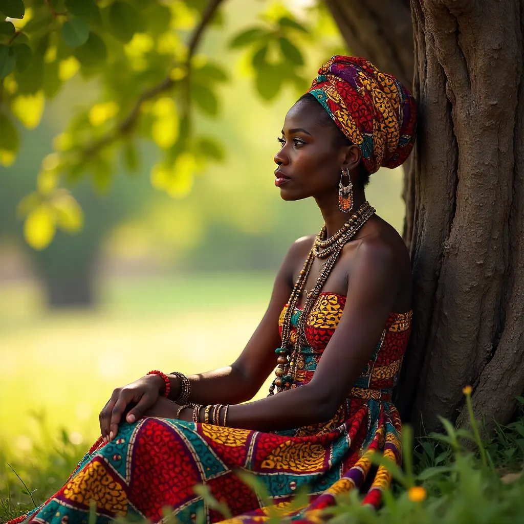 Thoughtful Woman by a Tree in Vibrant African Attire