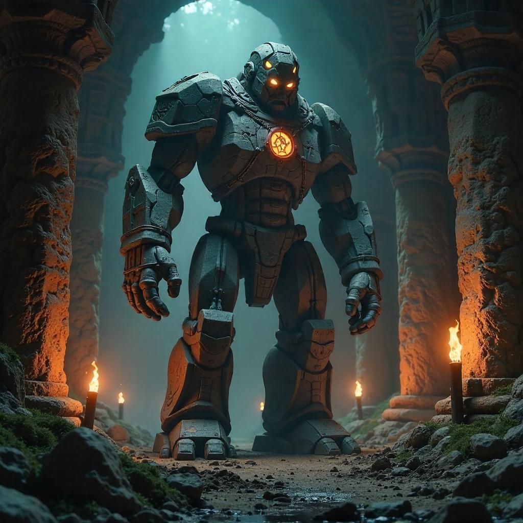 Stone Golem in the Catacombs — 3D Render