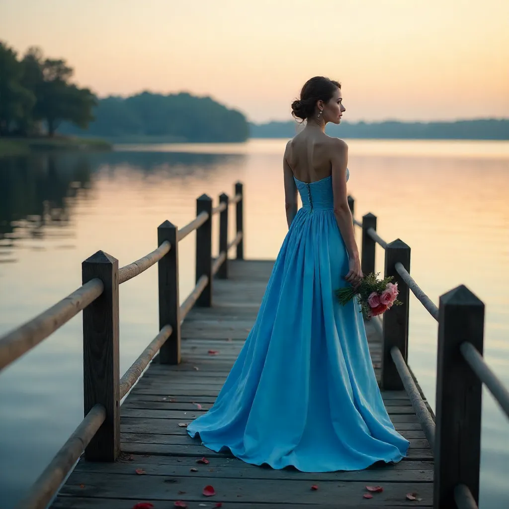 Elegant Woman in a Flowing Blue Dress on a Serene Pier