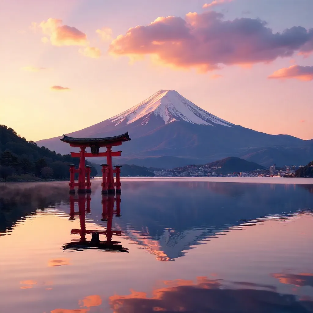 Stunning Mount Fuji with a Red Torii on Lake Ashi