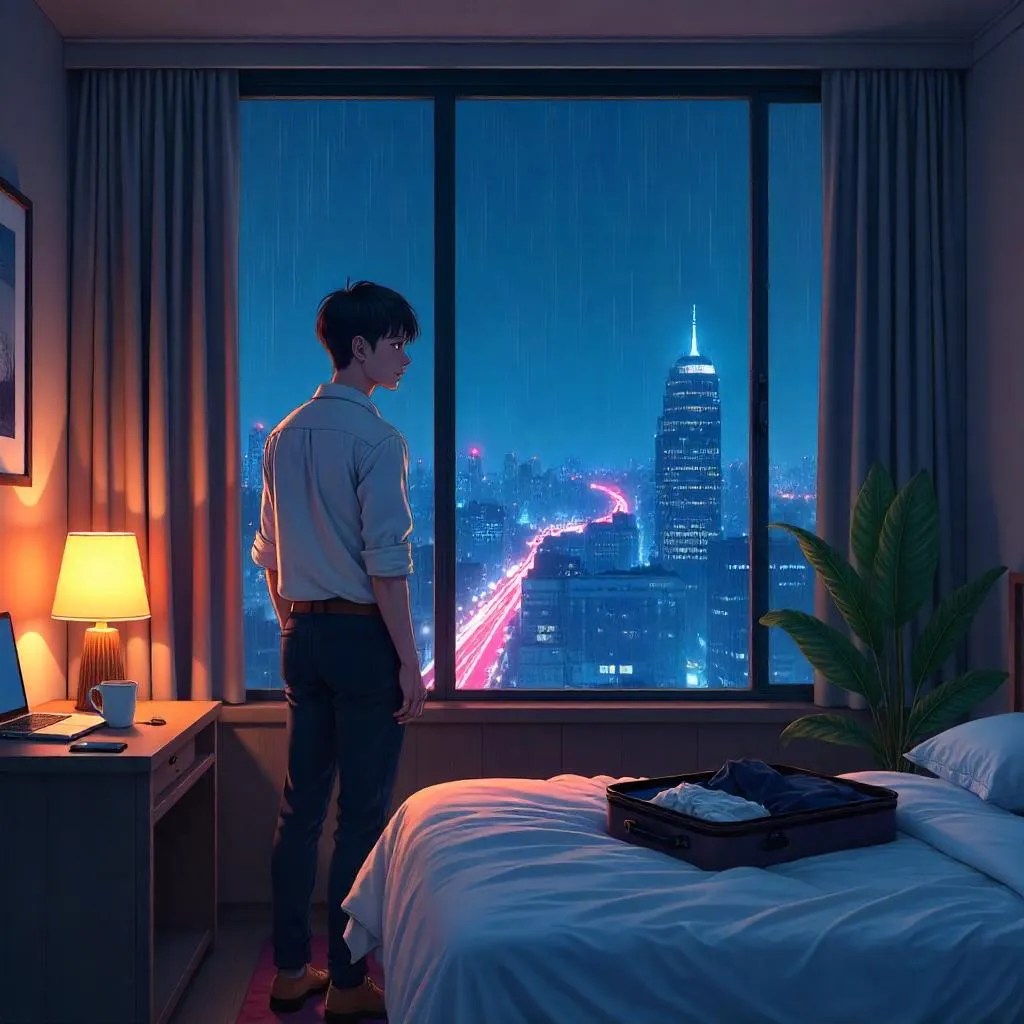 Rainy City Night: Young Asian Man in a Hotel Room