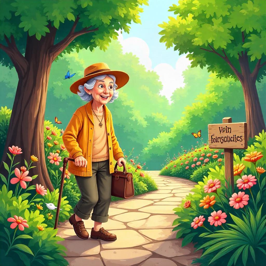 Cartoon Elderly in a Blooming Botanical Garden
