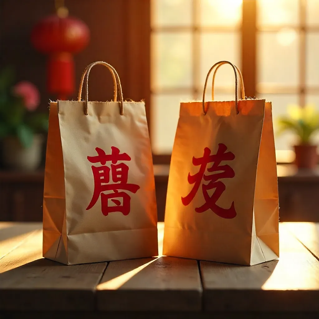 Two Sunlit Kraft Bags with Red Chinese New Year Symbols