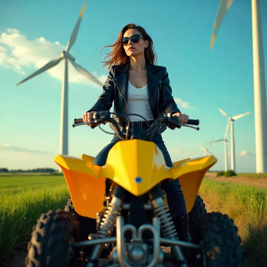 Confident Style on a Yellow ATV at a Wind Farm