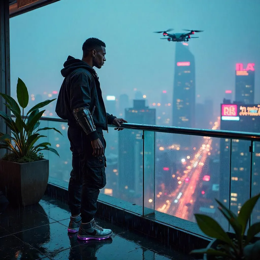 Neon Terrace: A Young Black Man in Cyberpunk