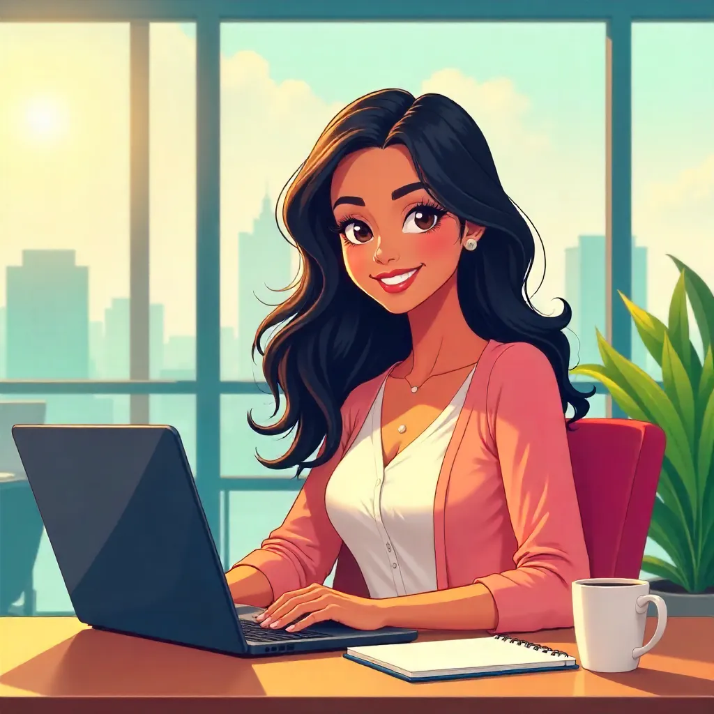 Cheerful Latina Woman in an Anime Office