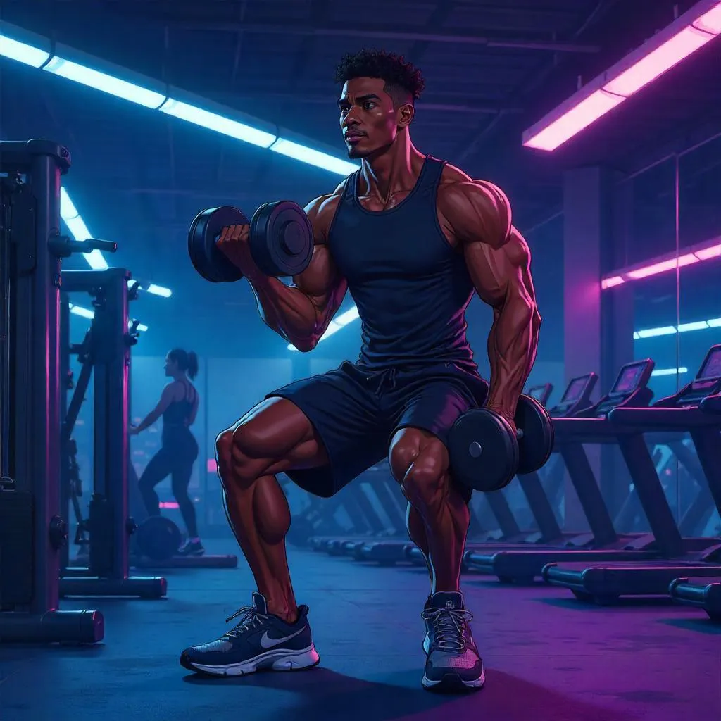 Anime Style Gym Workout: Young Black Man Lifting Weights